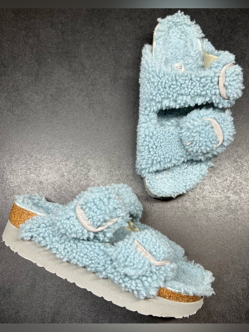 Birkenstock Papillio Size 38 (7.5-8) Arizona Eva Big Buckle Blue Teddy Sandals